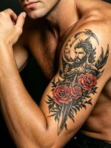5 piezas de tatuajes temporales grandes, pegatinas para el Body con patrones de rosa roja, héroe y belleza, tatuajes falsos unisex para muslo, brazo, pierna y pecho - Navideño - Ver 2