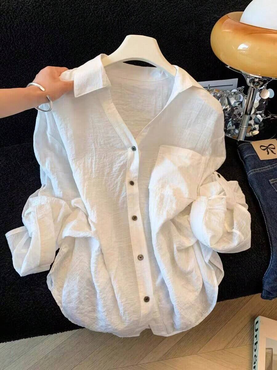 Women's White Polyester Button-Down Shirt, Long Sleeves With Roll-Up Feature, Shirt Collar, Regular Length Casual Top, Suitable For Spring And Autumn - White - View 1