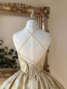 Lovelzi Vestido elegante, romántico y sexy de jacquard dorado, espalda descubierta, cintura con lazo, para fiesta de cumpleaños, baile, invitada de boda o graduación - Rosa vieja - Ver 11