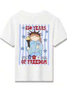 American Honey Kids' Short Sleeve T-Shirt With 4th Of July Cartoon Print, 180g, Soft, Comfortable And Breathable, Suitable For All Seasons, Perfect For Boys And Girls For Everyday Wear, School And Casual Sportswear. An Ideal Crew Neck T-Shirt For Holiday Parties, Gatherings, Outdoor Activities And Travel. - 粉色 - 查看 3