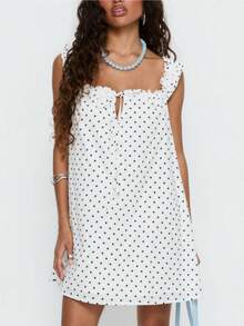 Women's Casual Mini Dress, Loose Fit, Polka Dot/Solid Color Print, Bow, Ruffles, Sleeveless Square Neck A Line Short Dresses Flowy Dresses SummerBeach - Ngà voi - Xem 1