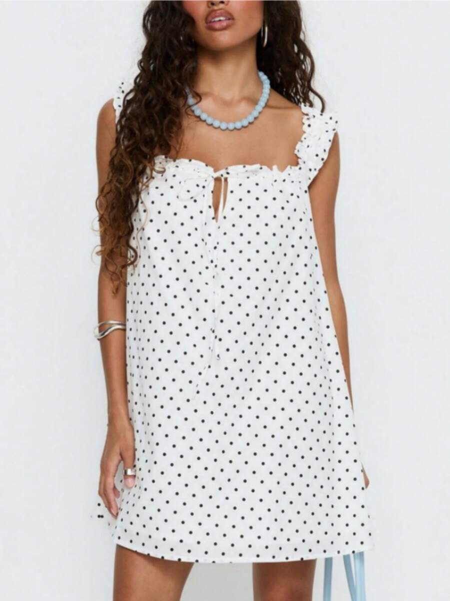 Women's Casual Mini Dress, Loose Fit, Polka Dot/Solid Color Print, Bow, Ruffles, Sleeveless Square Neck A Line Short Dresses Flowy Dresses SummerBeach - Ngà voi - Xem 1