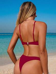 2pcs Women Halter Top & Thong Bottom Sexy Solid Color Swimwear, Backless Spaghetti Strap, Summer Beach Vacation - Burgundy - View 2