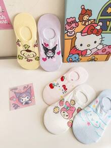 Sanrio 袜子 5 双装 女士 My Melody & Cinnamoroll 隐形无痕袜，透气可爱（不含纸板内衬，颜色随机） - 彩色 - 查看 4