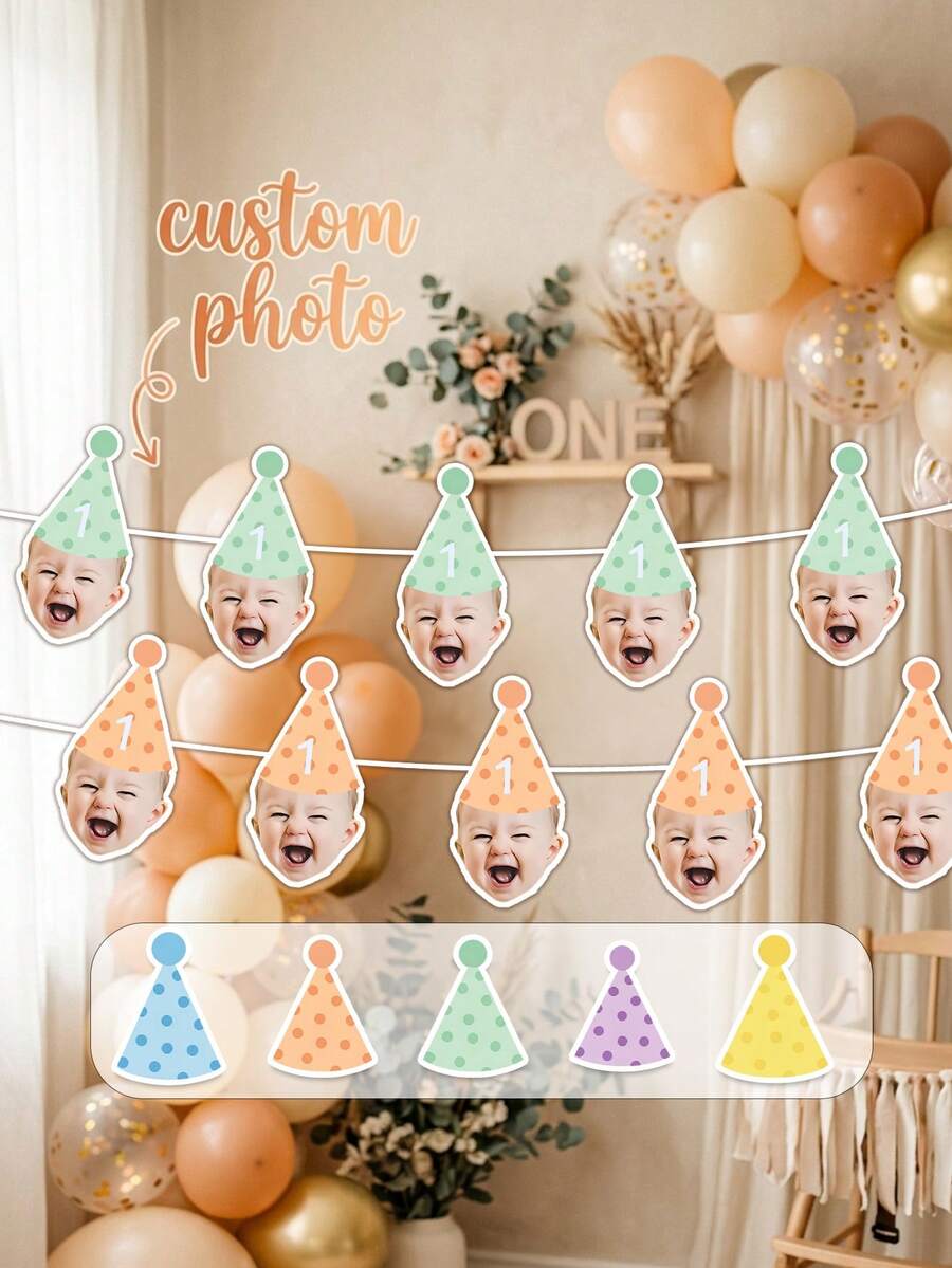 6/12/18pcs Customized Baby Photo First Year Banner, Monthly Milestone Banner, Macaron Color/Polka Dot/Striped Party Hat Design, 1st Birthday Photo Banner, Personalized Milestone Hanging Decor, Happy Birthday Photo Banner, Baby Growth Keepsake - Multicolor - View 1