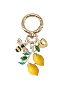 Handmade Enamel Lemon Pendant With Bee And Heart Elements - Bohemian Vacation Style. Enamel And Resin Casting, Rhinestone Inlaid, Italian Lemon Jewelry, Refreshing Alloy Pendant, Hawaiian Style. Suitable For Backpack, Wallet Decoration - Multicolor - View 12