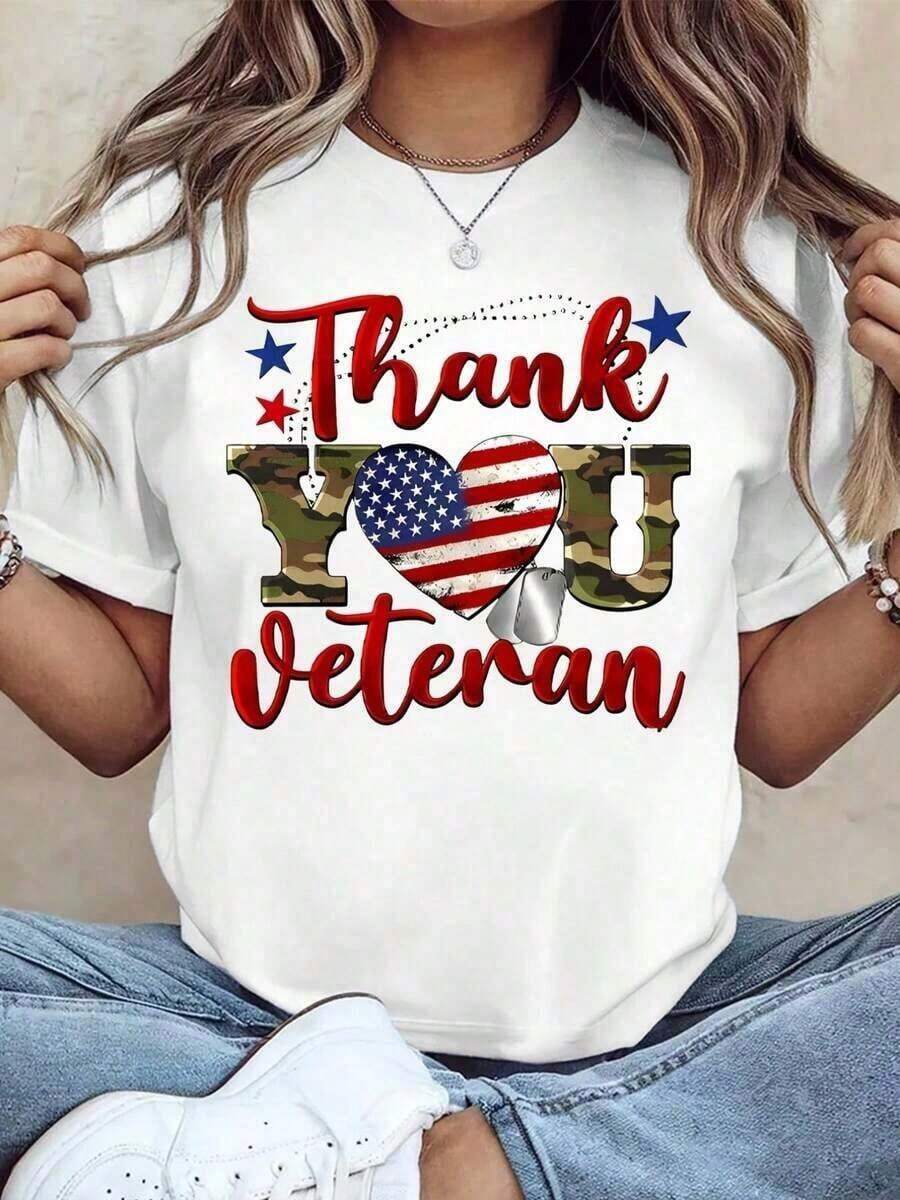Thank You Veterans, Women's Fashionable Loose Fit T-Shirt With Heart And American Flag Design, Suitable For Casual Events, Breathable And Slightly Stretchy, Machine Washable, Summer Clothing For Women, 100% Cotton. - 白色 - 查看 1