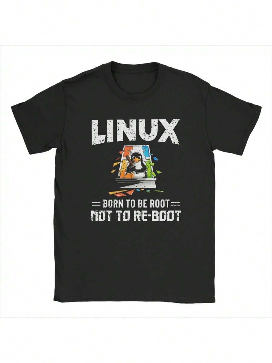 Men's Youth Version T-Shirt With Vintage Graphic Print, Casual Short Sleeve Crew Neck T-Shirt, Oversized Style, Retro Summer Streetwear, Graphic Print T-Shirts For Everyday Wear, Linux Operating System And Tux Penguin Design T-Shirts For Men | Shi Unique T-Shirt - 黑色 - 查看 1