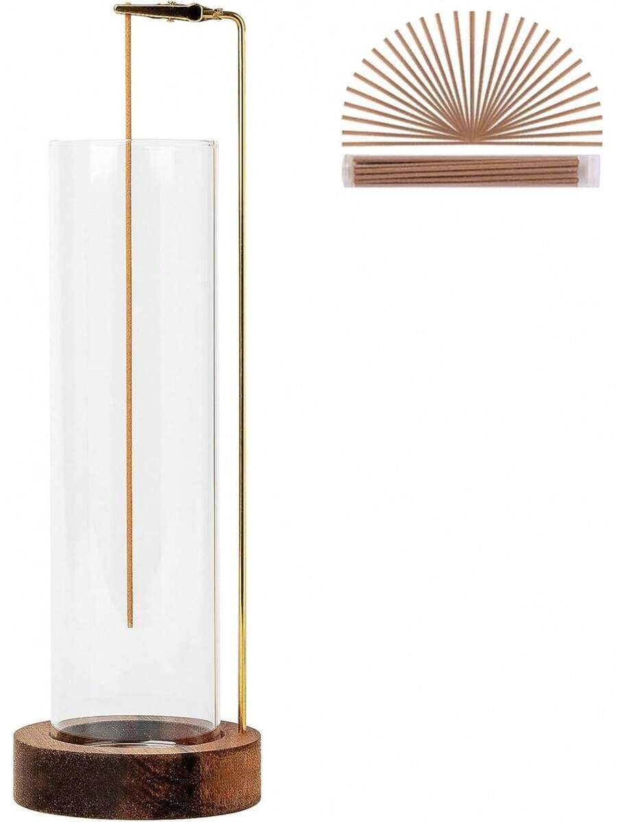 Euuztu Incense Holder Sticks, Anti-Ash Flying Incense With 30 Incense Sticks, Detachable Glass Ash Catcher (Wood, Brown) - 棕色發光 - 查看 1