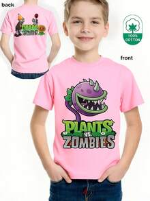 Casual Crew Neck T-Shirt, Sheer Short Sleeve T-Shirt With  Pattern, Minimalist Casual Style, Venus Trap And Tyrannosaurus Rex Flower Print T-Shirt Top, Machine Washable, Small, Medium And Large For Spring, Summer, Autumn And Clothing For Ages 3 To 12 Years - 粉色 - 查看 6