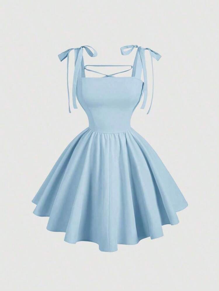 MOD Vestido romántico con lunares y espalda descubierta con lazo, adecuado para citas, fiestas, vacaciones, té y ocasiones de cumpleaños - Celeste - Añade 1