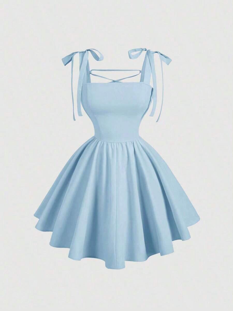MOD Vestido rosa romántico con espalda descubierta y lazo, adecuado para citas, fiestas, vacaciones, meriendas de té y ocasiones de cumpleaños - Celeste - Ver 1