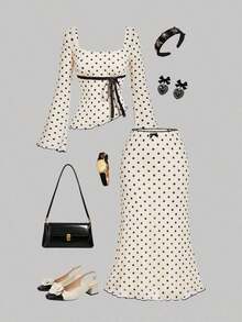 MOD Conjunto elegante de blusa asimétrica con lazo y lunares rosas, y falda de cola de pez - Multicolor - Ver 1