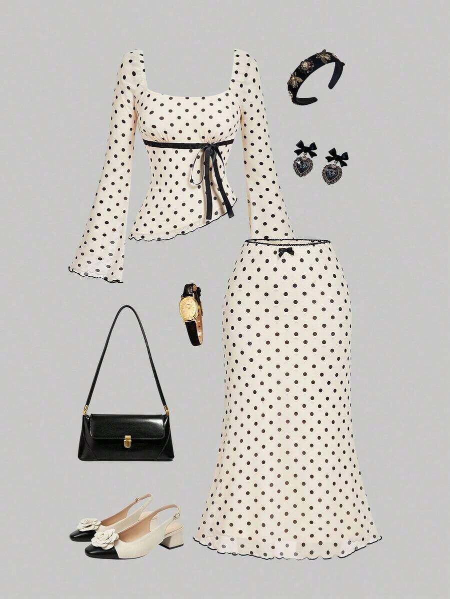 MOD Conjunto elegante de blusa asimétrica con lazo y lunares rosas, y falda de cola de pez - Multicolor - Ver 1