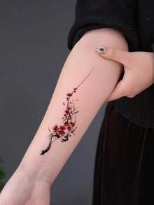 2 Pieces Of Tattoo Stickers - Traditional Chinese Ink Red Bamboo Spirit Snake Red Plum Elegant Horizontal Combination Tattoo Pattern, Temporary Tattoo Stickers, Washable PVC One-Time Waterproof And Sweat-Resistant Hand, Arm, Waist, Abdomen, Back, Leg Non-Reflective Imitation Tattoo Design, Suitable For Travel, Music Festivals, Games, Graduation Gifts, Daily Use. For 3-5 Days. - Multicolor - View 5