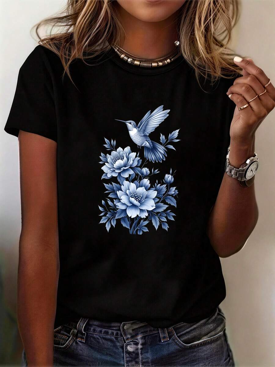 Women's Summer T-Shirt, Casual, Short Sleeve, With Blue Bird And Floral Print, Wrinkle-Free For Everyday Wear | Fashionable Tops For Women | Summer Tops For Women - 黑色 - 查看 1