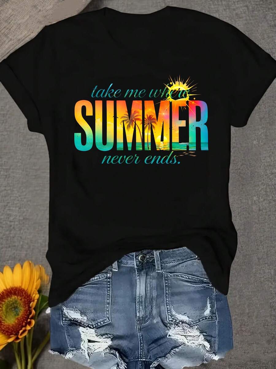 Camiseta unisex de manga corta, VeranoTomaYoDóndeVeranoNuncaTerminacionesCitaPalmaÁrbolSolPlayaGráficoImprimirRedondoCuelloMujeresVeranoVacacionesRopa de playaInformalDiarioDesgasteMujeresSuéterCómodoYSuaveTJugadores de fútbolhombre, , , Dazymujer,romwehombres, bohochic,maestrasregalos,camisetaparaconjuntos de mujercon curvasparamu,y2k, - Negro - Ver 1