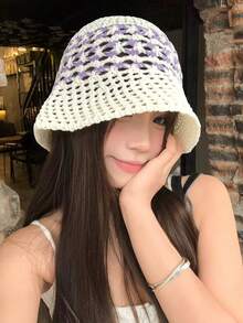 1 pièce Chapeau seau en tricot jacquard pour femmes, chapeau de bassin à large bord respirant et polyvalent pour l'été, chapeau seau à large bord respirant et polyvalent pour la protection solaire au printemps, chapeau seau à large bord respirant et polyvalent pour la protection solaire en été - multicolore - Voir 2