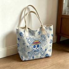 Miniso One Piece Cute Straw Hat Pirates Jolly Roger & Chibi Crew Print Canvas Tote Bag, Beige Shoulder Bag For Daily Use - Black - View 3