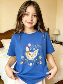 Bird And Flower Circle Pattern Design T-Shirt For Girls - 藍色 - 查看 7