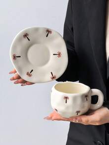1 Set Minimalist Hand-Painted Ceramic Coffee Cup & Saucer Set, Ins Minimalist Style Hand-Painted Coconut Tree Pattern Coffee Cup, Four-Season Mug, Suitable For Afternoon Tea, Cafe, Tea Party, Ceramic Material - Washable, Reusable, Heat-Retaining, Round, Multi-Purpose - Multicolor - View 7