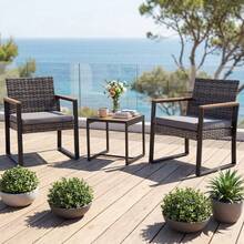 Outdoor Bistro Set Of 3 PE Wicker Patio Furniture Set With Soft Cushion & Side Table 12 Adjustable Feet - Grey - View 8