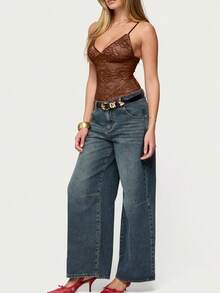 Women Tank Tops Fashion Deep V Neck Sleeveless Slim Fit Lace Floral Summer Crop Vest - Marrón oscuro - Ver 3