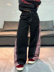 1pc American Street Style Colorblock Patchwork Women's Wide Leg Jeans, Loose All-Season Long Pants, Casual Pink - Pink - View 6