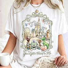 Oversize T-Shirt Disney Cartoon Vintage Castle Magic Printed T-Shirt Suitable 100% Cotton For Women, Suitable For Daily Outings Summer Casual Wear - 白色 - 查看 1