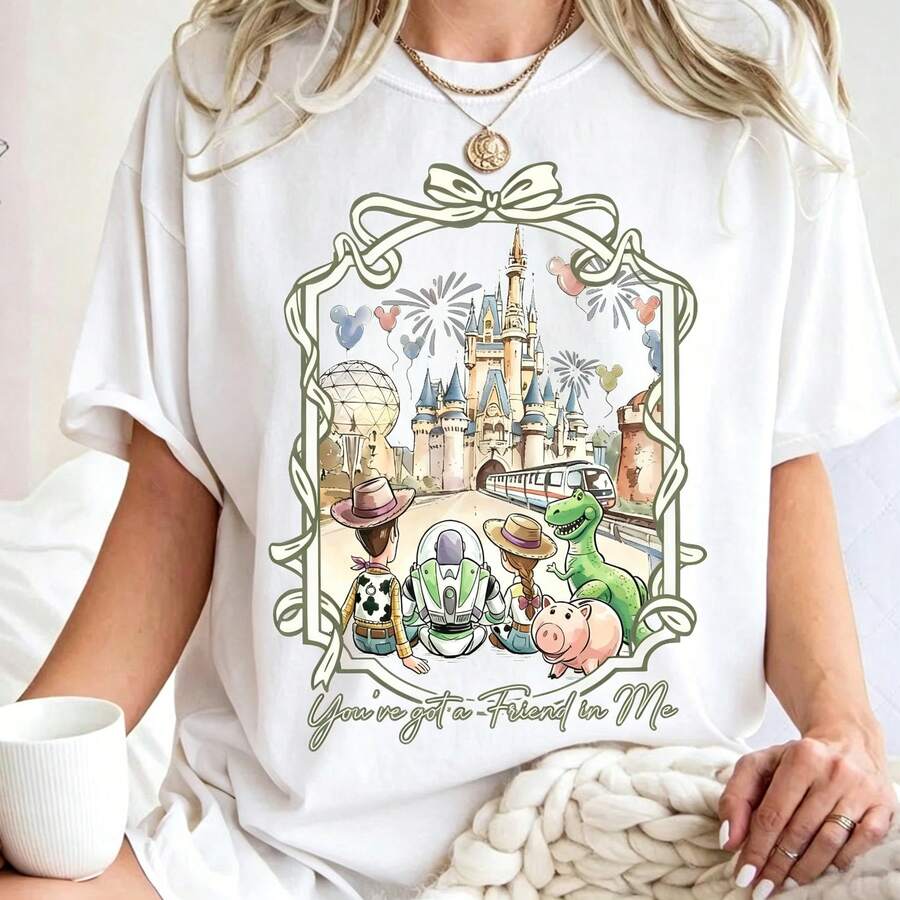 Oversize T-Shirt Disney Cartoon Vintage Castle Magic Printed T-Shirt Suitable 100% Cotton For Women, Suitable For Daily Outings Summer Casual Wear - 白色 - 查看 1