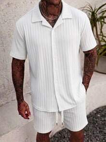 Men's Casual Ribbed Short-Sleeve Button-Down & Shorts Resort Set - White - View 4