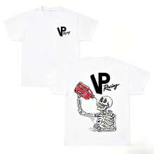 T-Shirt With A Graphic Print Of A Fuel Bottle And Skeleton Design, Racing Style, Double-Sided Print, Classic Crew Neck T-Shirt, Casual Short-Sleeve Streetwear Top, Cotton T-Shirt With Automotive Aesthetic. - 白色 - 查看 1