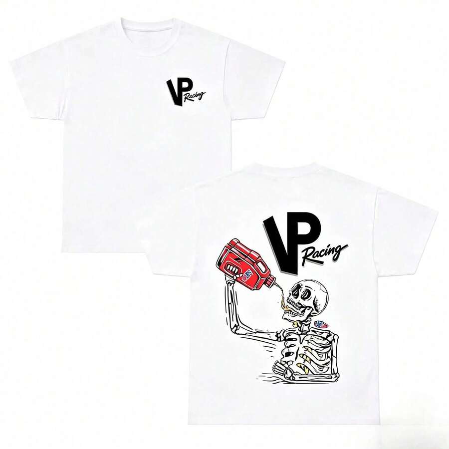 T-Shirt With A Graphic Print Of A Fuel Bottle And Skeleton Design, Racing Style, Double-Sided Print, Classic Crew Neck T-Shirt, Casual Short-Sleeve Streetwear Top, Cotton T-Shirt With Automotive Aesthetic. - 白色 - 查看 1