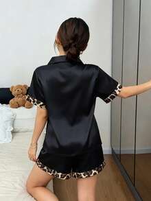 Dreamivo 2pcs Casual Colorful Short Sleeve Shorts Pajama Set With Button & Bow Decor - Black - View 2