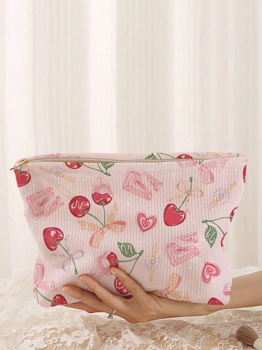 1 pieza Bolsa de cosméticos portátil con estampado de cerezas de impresión doble cara, estuche de maquillaje con cremallera para viajes, organizador de artículos de tocador multifuncional - Multicolor - Ver 1