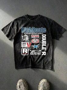 Camiseta gráfica con collage de logotipo de carreras, camiseta con efecto lavado ácido, unisex, para parejas, estilo boyfriend, Rich Re Double R Text, estampado de estrellas Lucky 777, ropa urbana Y2K, Hypebeasts, camisetas gráficas de algodón desgastado, camiseta oversize para hombre, ropa de verano, ropa de invierno para hombre, camisetas para hombre, ropa de hombre, camiseta gráfica, ropa de verano, tops de verano, ropa de Pascua, ropa de primavera, camisetas, conjuntos de verano para mujer, ropa de verano para hombre. OGU9 - Negro - Ver 1