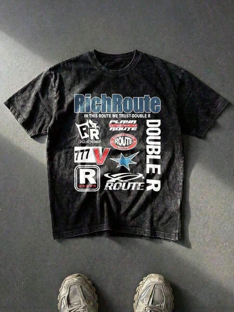 Camiseta gráfica con collage de logotipo de carreras, camiseta con efecto lavado ácido, unisex, para parejas, estilo boyfriend, Rich Re Double R Text, estampado de estrellas Lucky 777, ropa urbana Y2K, Hypebeasts, camisetas gráficas de algodón desgastado, camiseta oversize para hombre, ropa de verano, ropa de invierno para hombre, camisetas para hombre, ropa de hombre, camiseta gráfica, ropa de verano, tops de verano, ropa de Pascua, ropa de primavera, camisetas, conjuntos de verano para mujer, ropa de verano para hombre. OGU9 - Negro - Ver 1