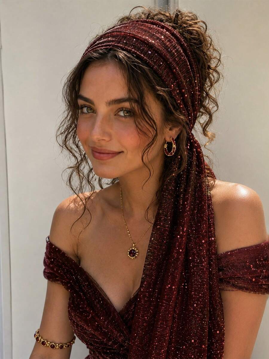 1pc New Arrival European And American Style Sequin Criss-Cross Headscarf, Autumn Scarf - Burgundy - View 1