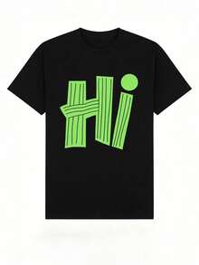 Camiseta casual de verano para niños, de manga corta, cuello redondo y tejido suave; con estampado gráfico minimalista de la letra "Hi", ideal para el uso diario y el tiempo libre.White - Negro - Ver 2