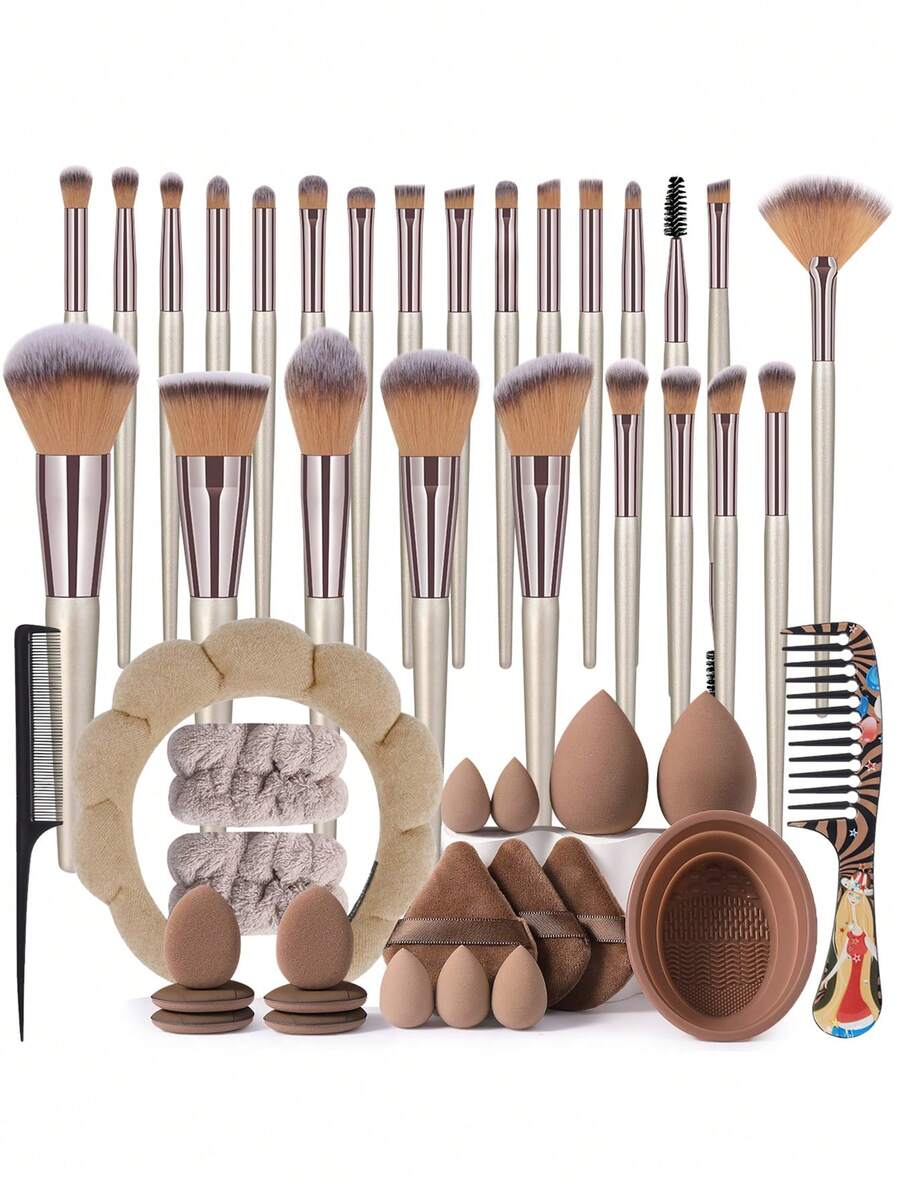 Bộ dụng cụ trang điểm 47 món bao gồm: Bộ 25 cọ trang điểm + 2 bông mút trang điểm + 5 bông mút trang điểm mini + 3 bông phấn tam giác + 6 bông phấn nền mini + 2 dây đeo bát đựng phấn + 1 băng đô + 1 dụng cụ vệ sinh cọ trang điểm + 2 lược chải tóc - Nhiều màu - Xem 1
