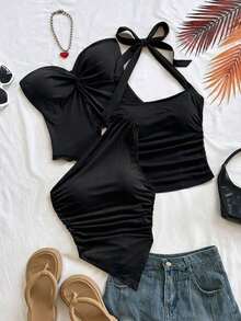 Blusa casual de mujer para vacaciones, boda en la playa, graduación, brunch, elegante estilo bohemio tropical sin mangas con moño, tirantes anudados, bajo asimétrico, diseño espalda descubierta, adecuada para el Día de San Patricio, Spring Break, Pascua, festivales deúsica - Negro - Ver 12