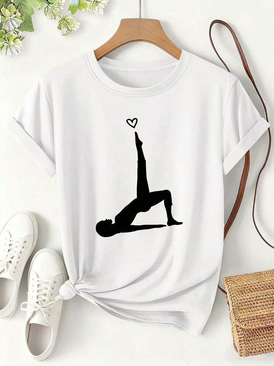 Women's T-Shirt With Yoga And Heart Print, Sweet And Fresh Style Spring/Summer 2026, Short Sleeve, Everyday Fit, Loose Top, Versatile And Modern Design With Sporty Heart Theme, Women's Vacation Clothing - 白色 - 查看 1