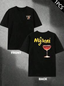 Negroni Cocktail Pattern T-Shirt 100% Cotton Relaxed Fit Comfortable Urban Hip-Hop Style Eye-Catching Print Double-Sided Print - 黑色 - 查看 7