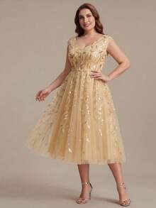 EVERPRETTY Plus Size Luxury Summer Evening Gown, Gold Leaf Sequin Sleeveless V-Neck Mid-Length Shiny Formal Cocktail Party Dress - Gold - View 5