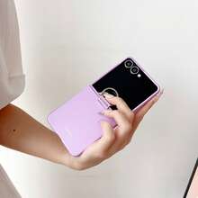 غطاء هاتف متوافق مع Galaxy ZFlip3 ZFlip4 ZFlip5 ZFlip6 ZFlip7 ZFlip7FE، غطاء هاتف بتصميم بسيط بلون موحد مطفي بملمس جلدي مع حامل حلقة شريطي - الأرجواني - مشاهدة 2