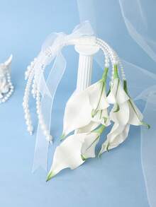 1pc White Artificial Calla Lily Bridal Bouquet With Pearl Handle & Satin Ribbon, Elegant Wedding Handheld Flower - White - View 4