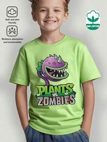 Casual Crew Neck T-Shirt, Sheer Short Sleeve T-Shirt With  Pattern, Minimalist Casual Style, Venus Trap And Tyrannosaurus Rex Flower Print T-Shirt Top, Machine Washable, Small, Medium And Large For Spring, Summer, Autumn And Clothing For Ages 3 To 12 Years - 軍綠色 - 查看 2