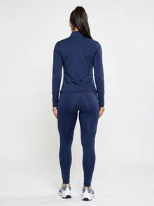 Women's 3-Piece Gym Set – Zippered Jacket + Padded Top + Leggings - Women's 3-Piece Gym Set – Premium Women's 3-Piece Gym Set For Autumn And Winter - 藏蓝色 - 查看 2