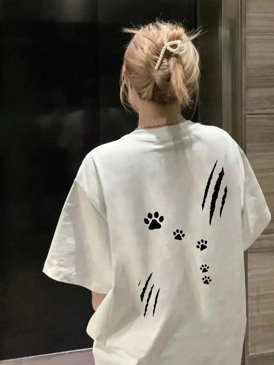 [ 100% Cotton ] Recommended New Products For Summer 2026: Lace Logo T-Shirt, Summer Dress, Women's Fashion T-Shirt, Short Sleeve Office Casual 200g Cotton Cartoon Character Printed Loose White Top, Y2K Women's Top, Spring Dress Top - White - View 1