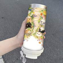 1/5个 500毫升/17盎司 316不锈钢保温水瓶，防漏真空杯，带防漏盖，可爱猫咪和花朵印花，双饮口设计，带挂绳，时尚个性化咖啡杯，实用日常保温水杯，夏季必备，适合健身，通勤、旅行和户外活动 - 貓咪1 - 查看 2